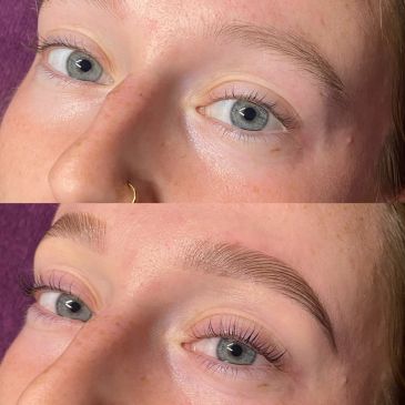 Before and after eyebrow enhancement and eyelash lift.