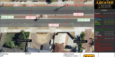Digital utility mapping showing underground services identified through utility locating and GPR scanning.