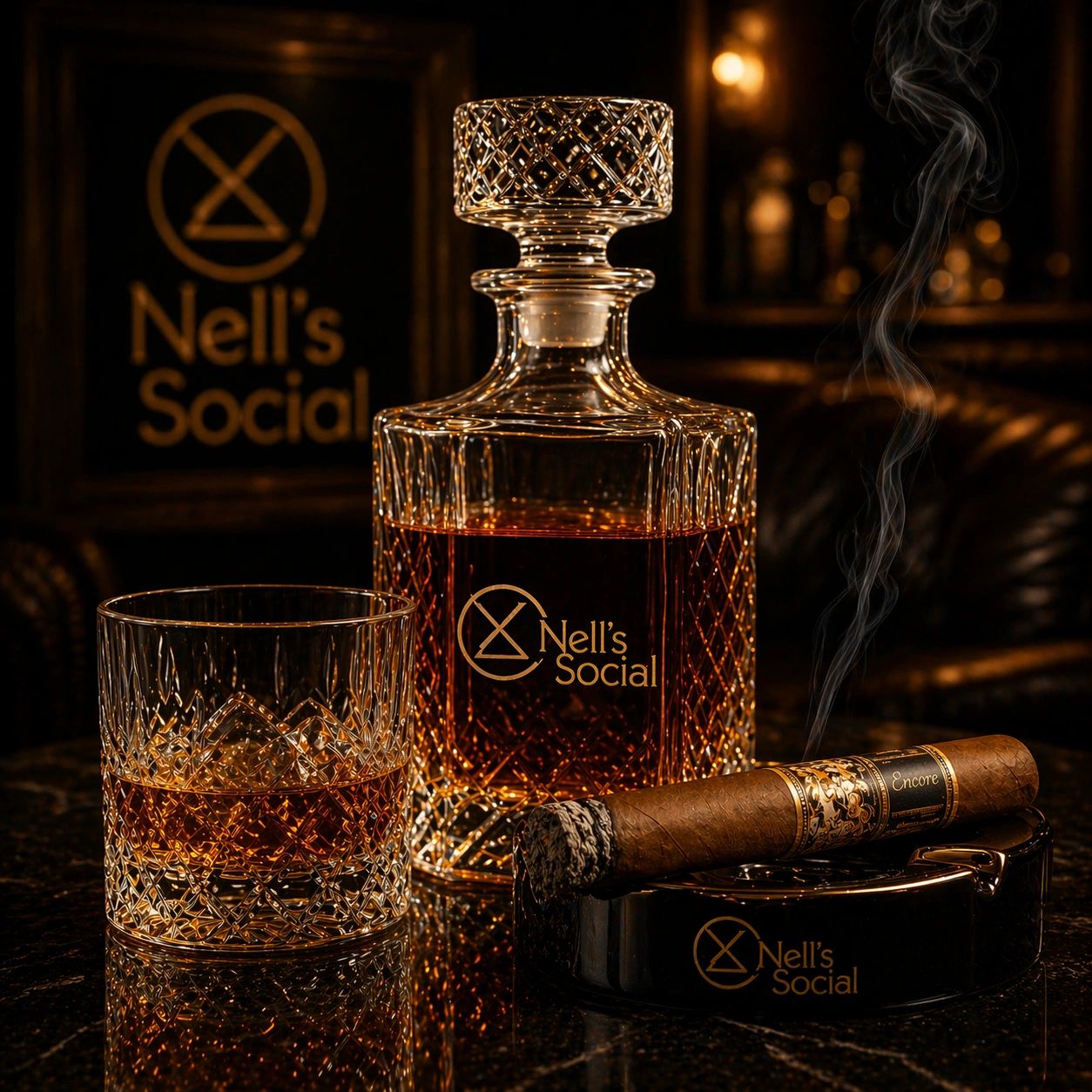 Elegant whiskey glass, decanter, and cigar set at Nell's Social lounge.