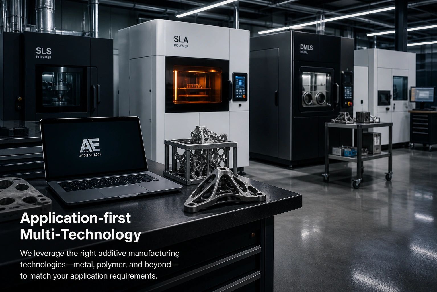 Additive manufacturing lab with advanced polymer and metal 3D printers and intricate metal parts.
