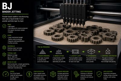 Illustration of BJ binder jetting process producing metal gears with advantages and materials used.