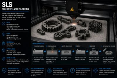 Selective Laser Sintering (SLS) 3D printing process for durable, complex parts using powdered materials.