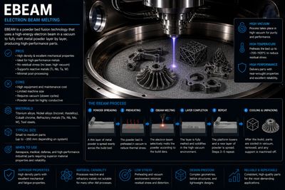 EBeam process uses electron beam melting to create high-quality metal parts layer by layer in a vacuum.