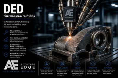 Industrial machine performing directed energy deposition on a metal part for repair and manufacturing.