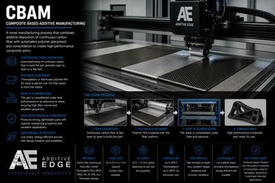 Infographic explaining Composite Based Additive Manufacturing (CBAM) process with images and benefits.
