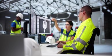 Engineers in safety gear reviewing a digital design on dual monitors in a factory.