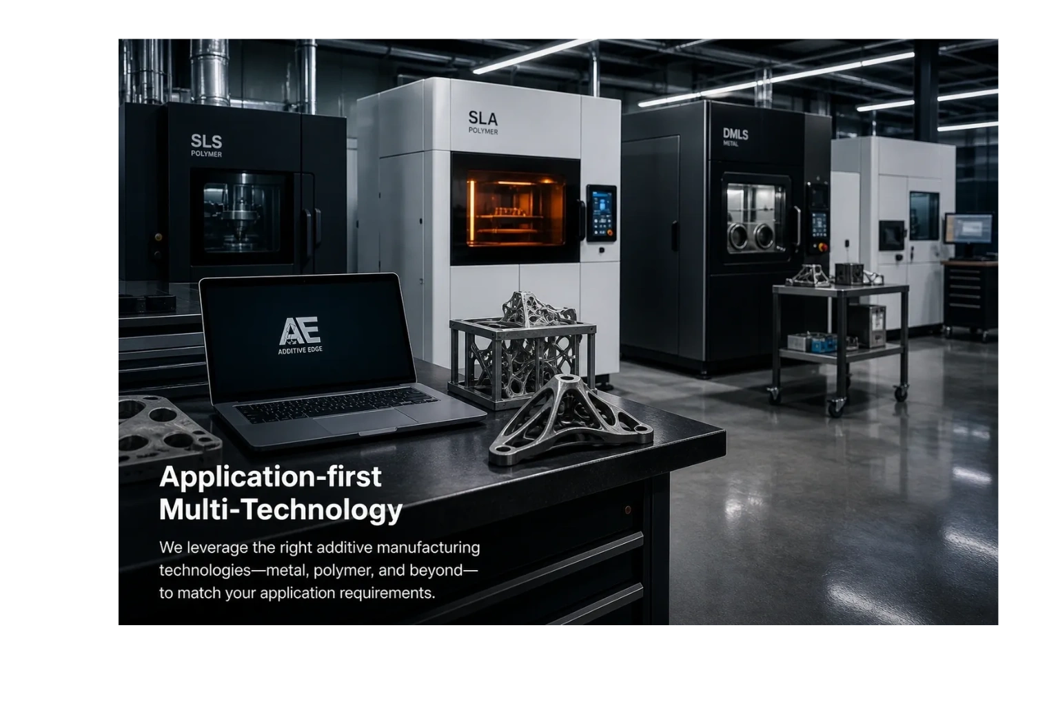 Modern additive manufacturing lab with metal and polymer 3D printers and intricate printed parts.