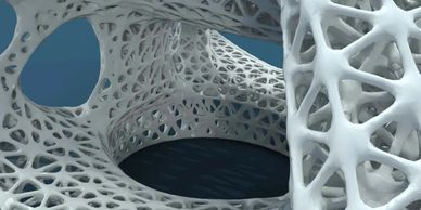 Intricate white lattice structure with organic, web-like patterns and circular openings.