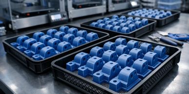 Blue 3D-printed parts neatly arranged in trays on a metal table.