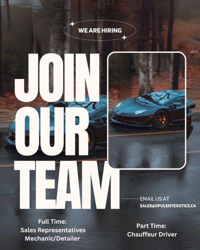 Hiring now: Join our team as sales reps, mechanics, or chauffeurs at Opulent Exotics.