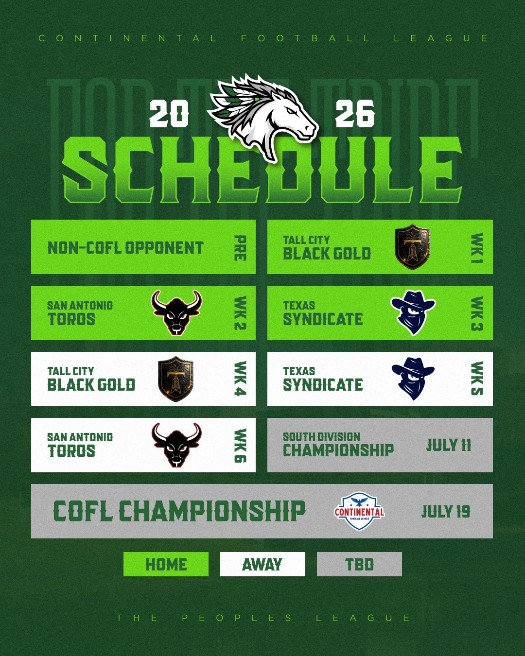 2026 Continental Football League schedule with team matchups and championship dates.