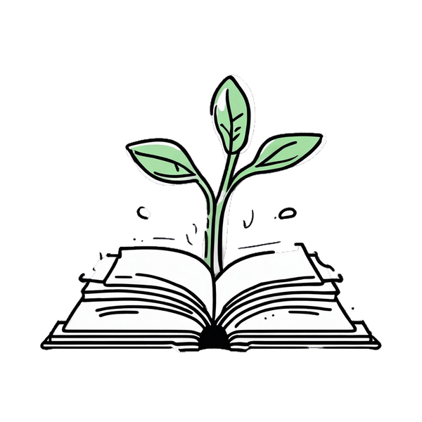 Illustration of a plant growing out of an open book, symbolizing growth and knowledge in harmony.