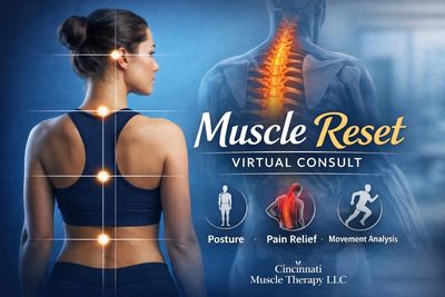 Virtual consult for muscle reset focusing on posture, pain relief, and movement analysis.