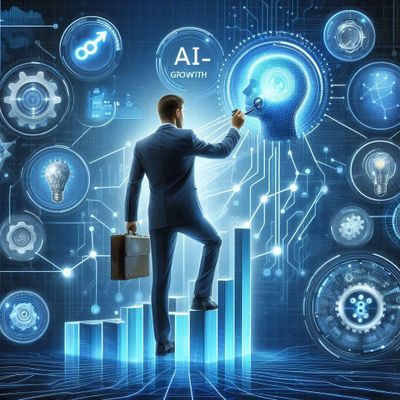 Businessman interacting with AI growth and technology icons on digital interface.