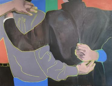 Abstract painting of two people embracing with colorful outlines and backgrounds.