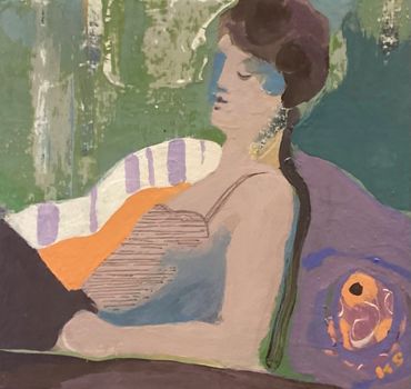 Painting of a woman reclining with closed eyes, surrounded by soft colors.