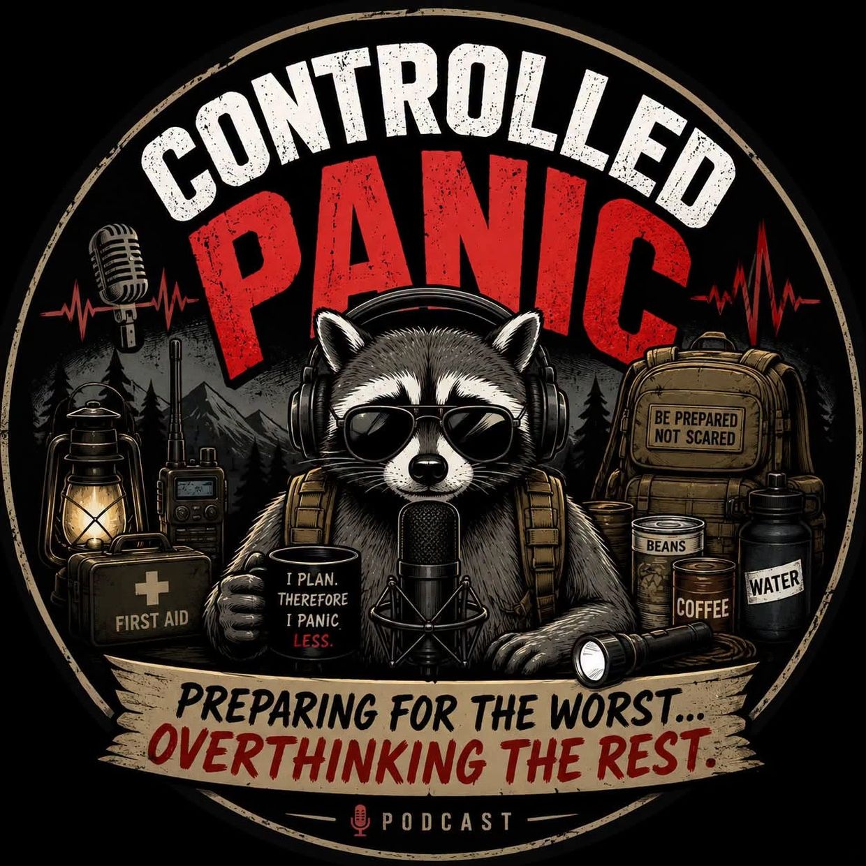 Raccoon with survival gear and motivational text for a podcast.