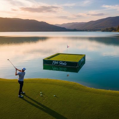 A golfer hitting a shot from lakeside to a 19th Hole floating pontoon hole in one challenge