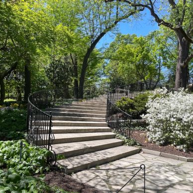 Stone staircase winding through a lush garden.