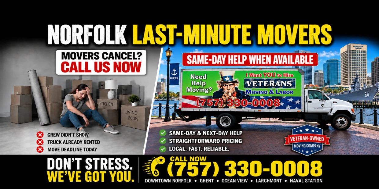Norfolk last-minute movers ad showing a veteran-branded moving truck at the downtown waterfront. Sam