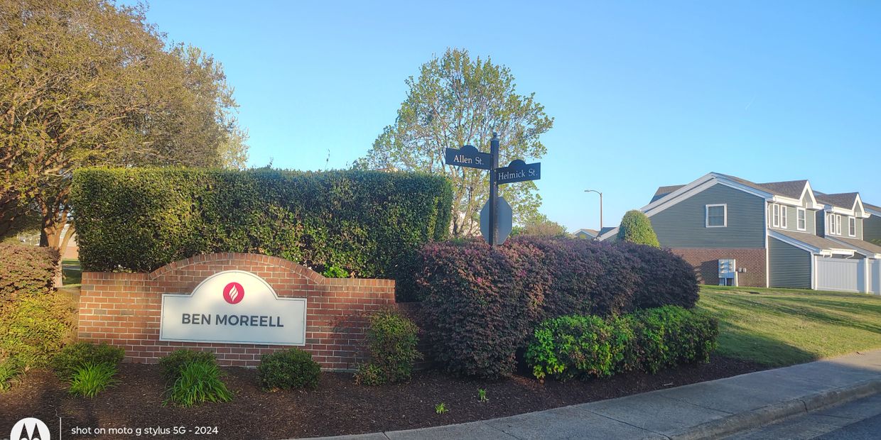 Ben Moreell Liberty Military Housing community entrance sign at Allen Street and Helmick Street.