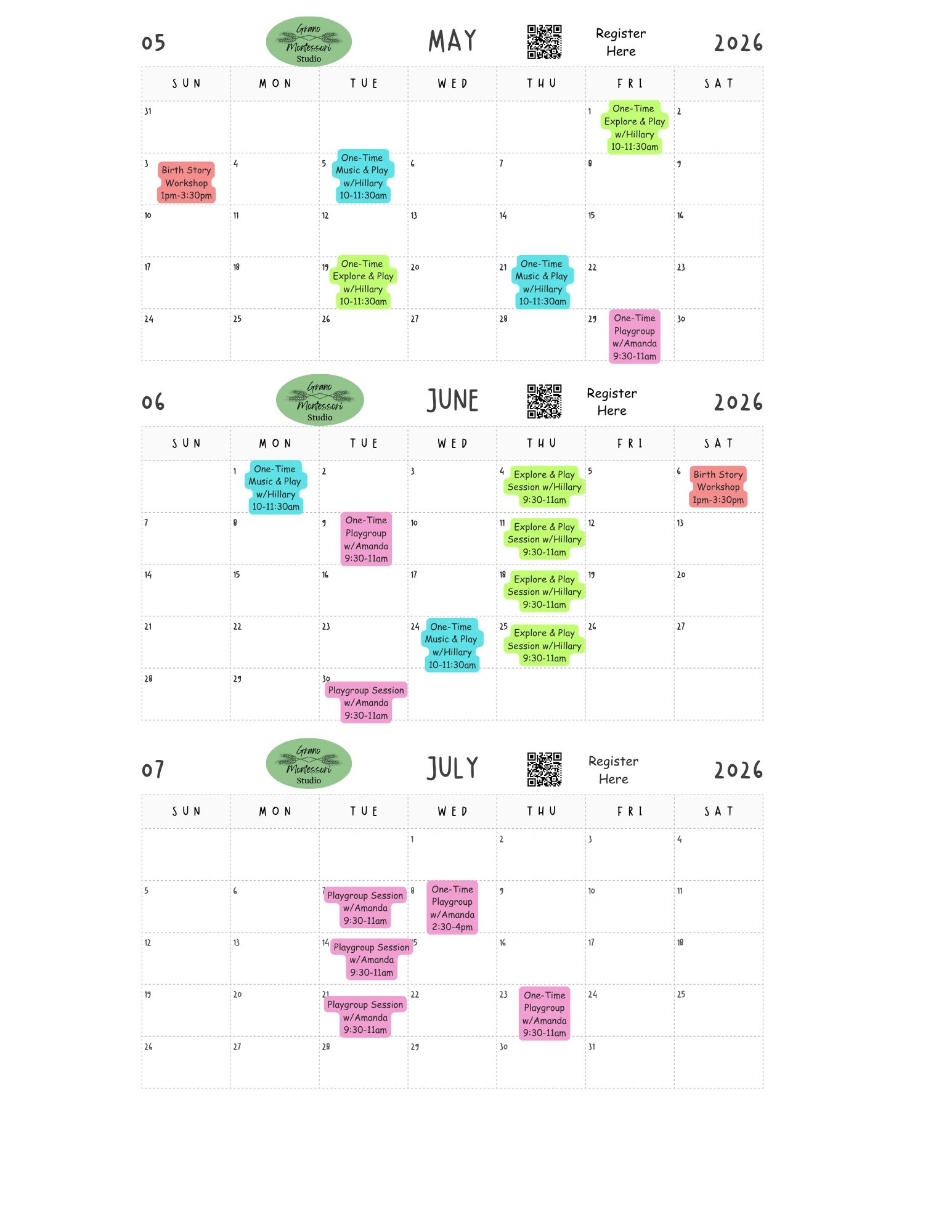 May-July 2026 calendar with Montessori studio events including workshops and playgroups.