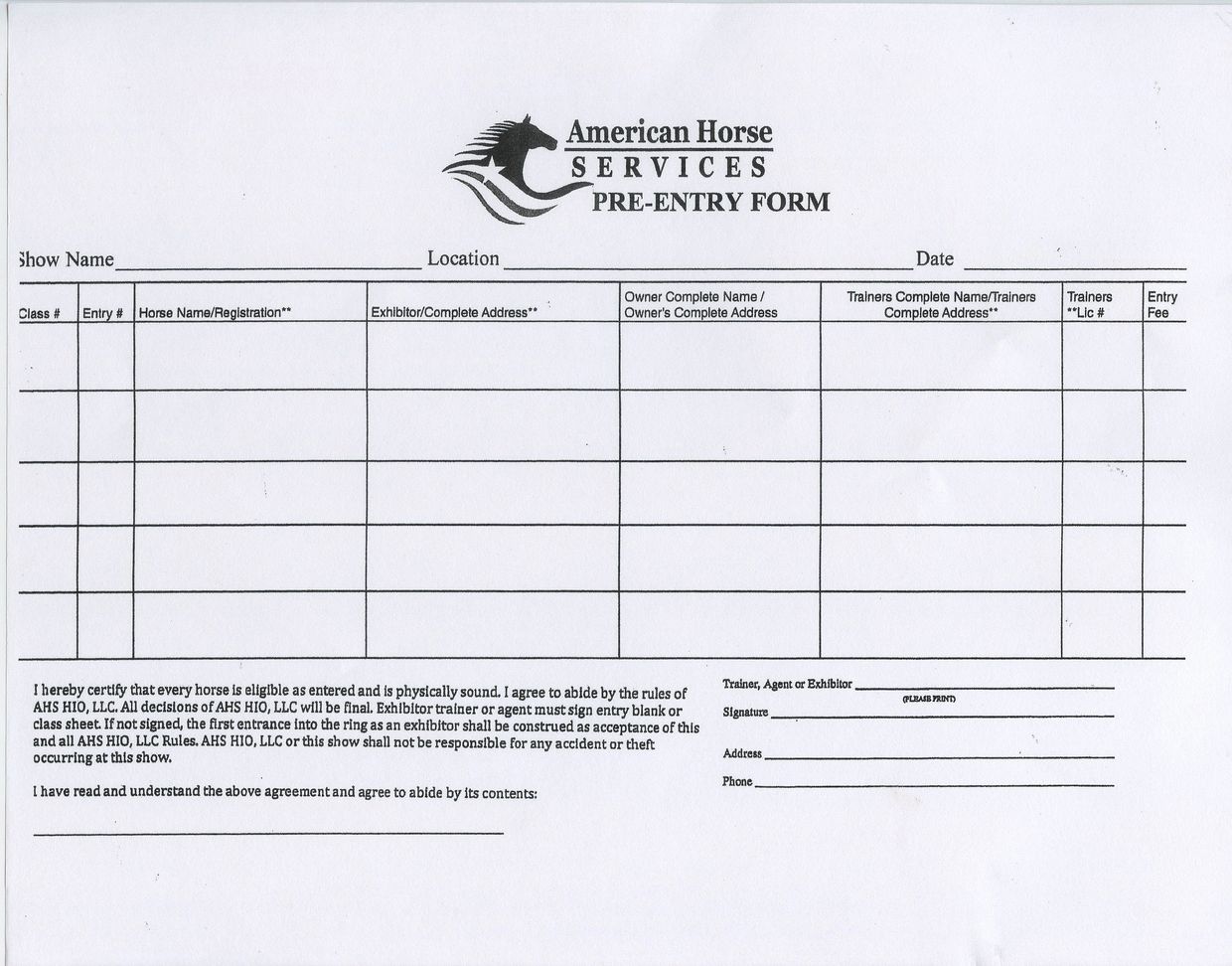 American Horse Services pre-entry form for horse show registration and agreement.