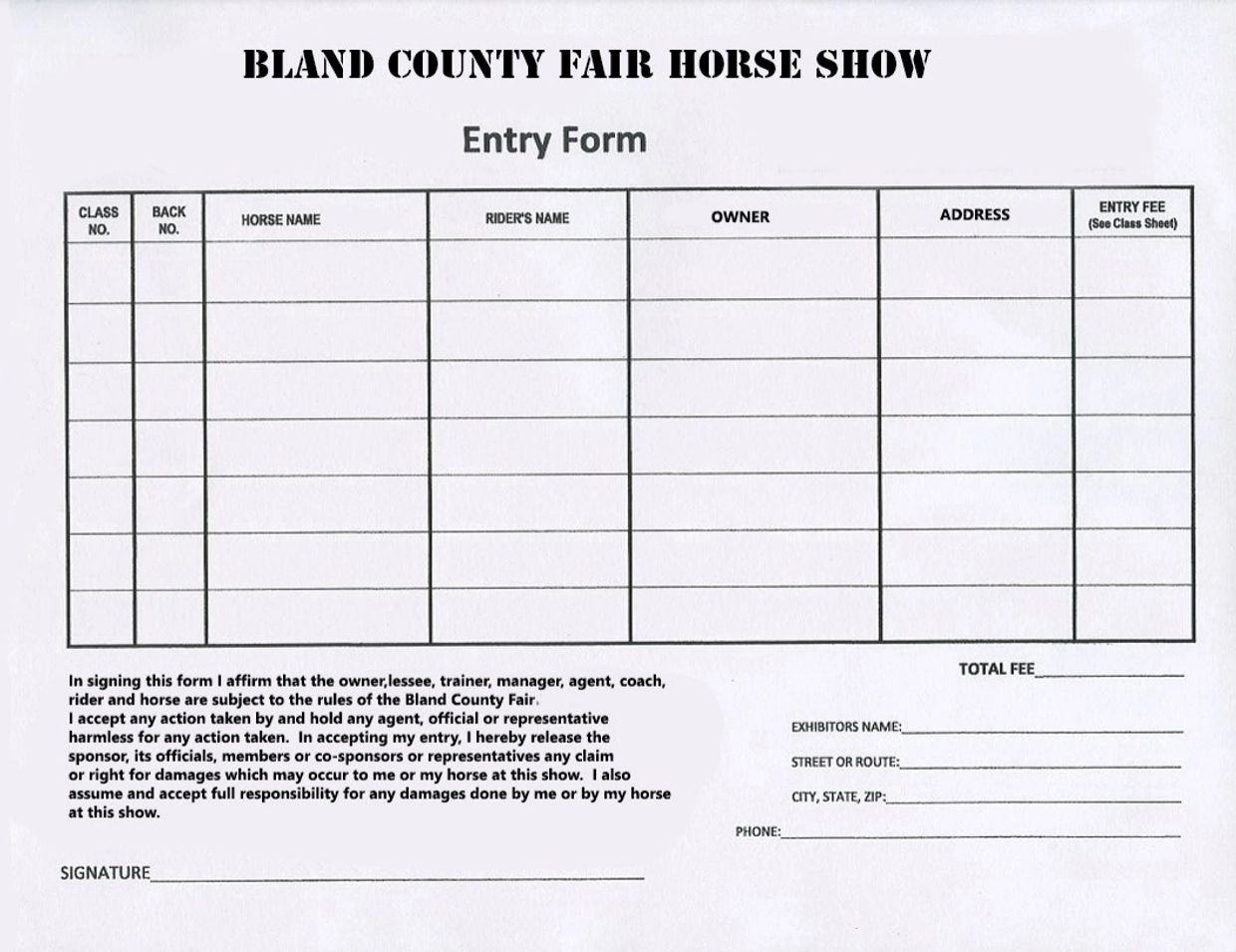 Blank entry form for Bland County Fair Horse Show with fields for horse and rider details.