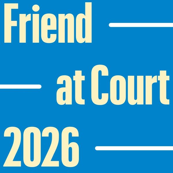 Text saying 'Friend at Court 2026' on blue background.