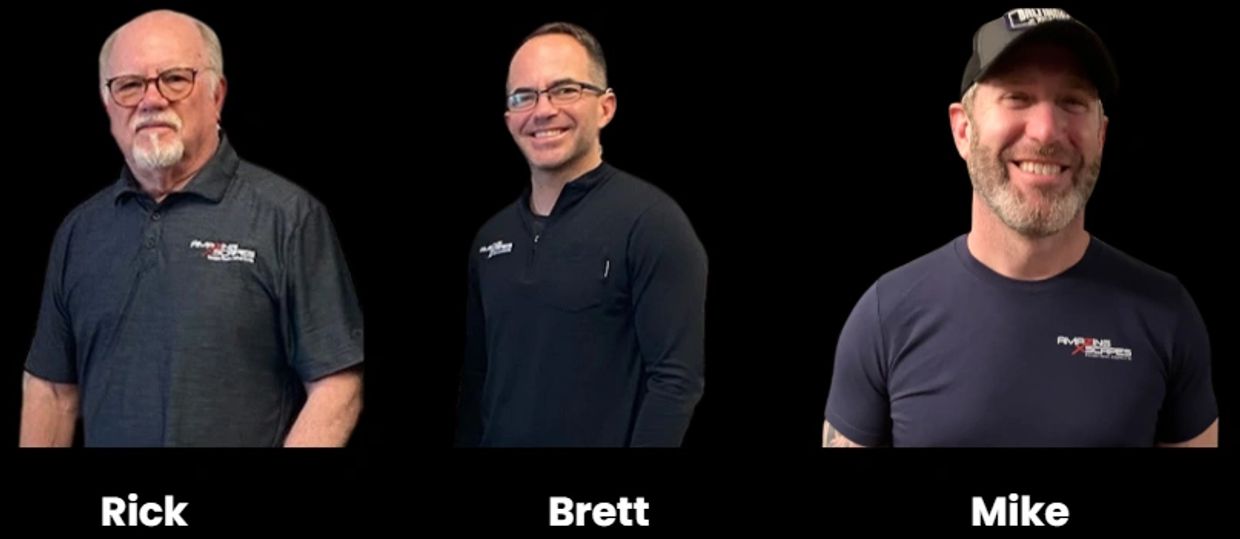 Three men named Rick, Brett, and Mike posing against a black background.