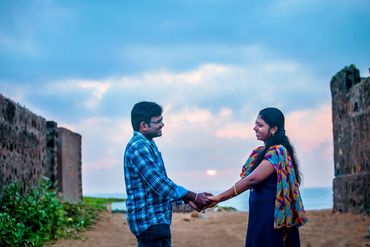 Couple at historic fort pre-wedding photoshoot in Karaikudi by Luster Pearl Media.