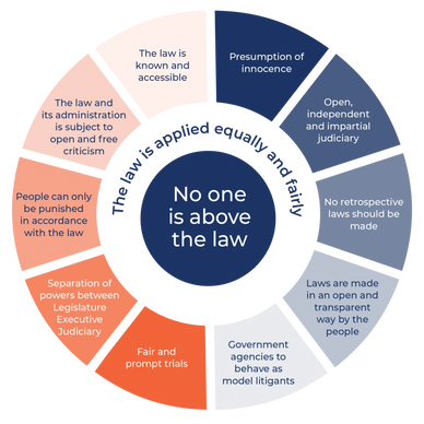 Principles ensuring no one is above the law and it is applied fairly.