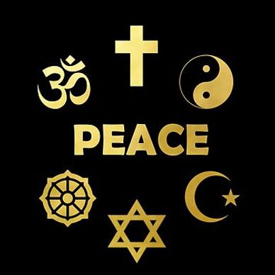 Golden religious symbols surrounding the word 'PEACE' on a black background.