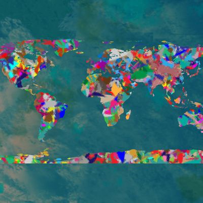 Colorful abstract world map art with vibrant, irregular patches.