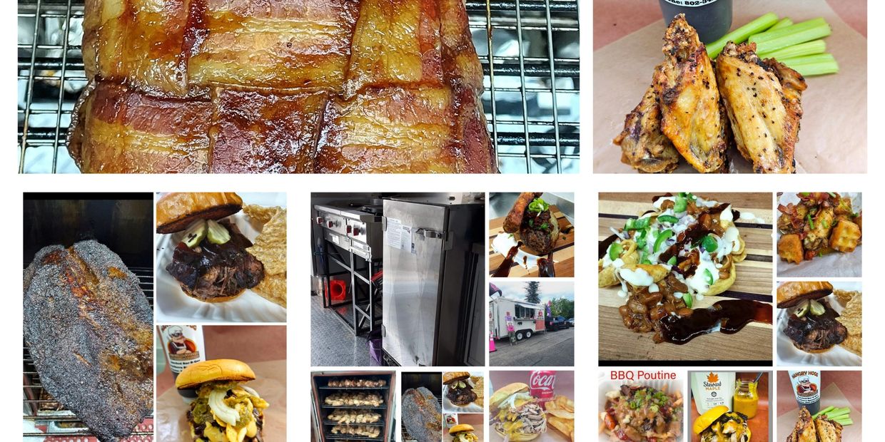 Delicious smoked BBQ wings, bacon weave, and sandwiches from Hangry Hogg.