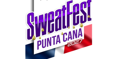 SweatFest Punta Cana 2027 logo with water droplets and flag colors.