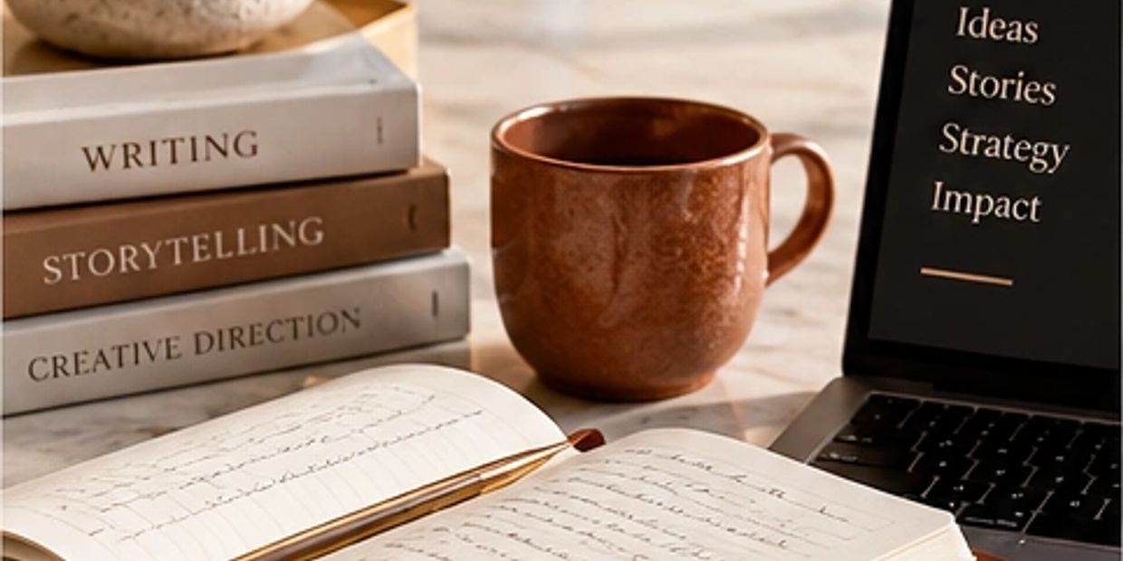 Books, notebook, coffee mug, and laptop with creative words on screen.
