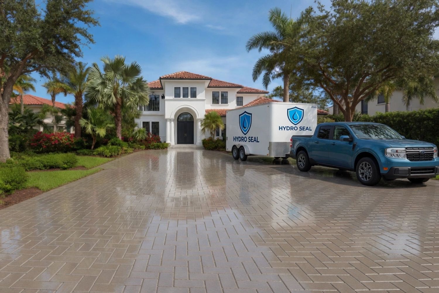 Hydro Seal truck and trailer parked at a large residential home after completing a professional paver sealing and roof cleaning project in Riverview, Florida.