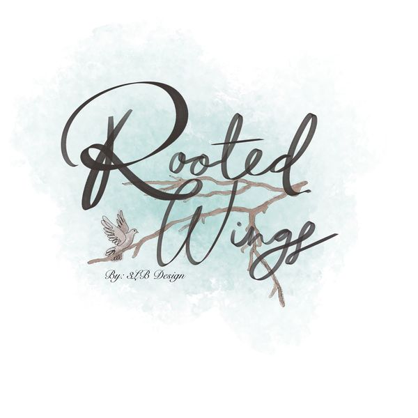Elegant logo with 'Rooted Wings' text and bird on branch illustration.