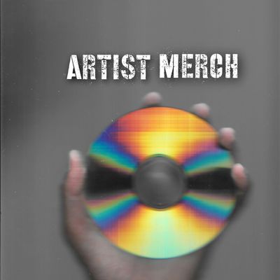 Hand holding a colorful CD with 'ARTIST MERCH' text above it.