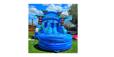 Blue inflatable water slide in a sunny backyard.