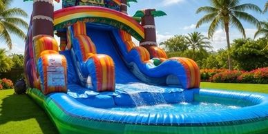 Colorful inflatable water slide with a rainbow and palm trees in the background.
