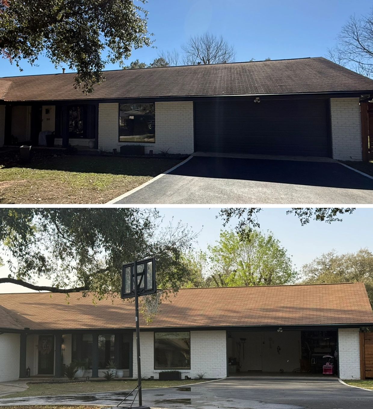Before and After picture of a dirty roof being cleaned