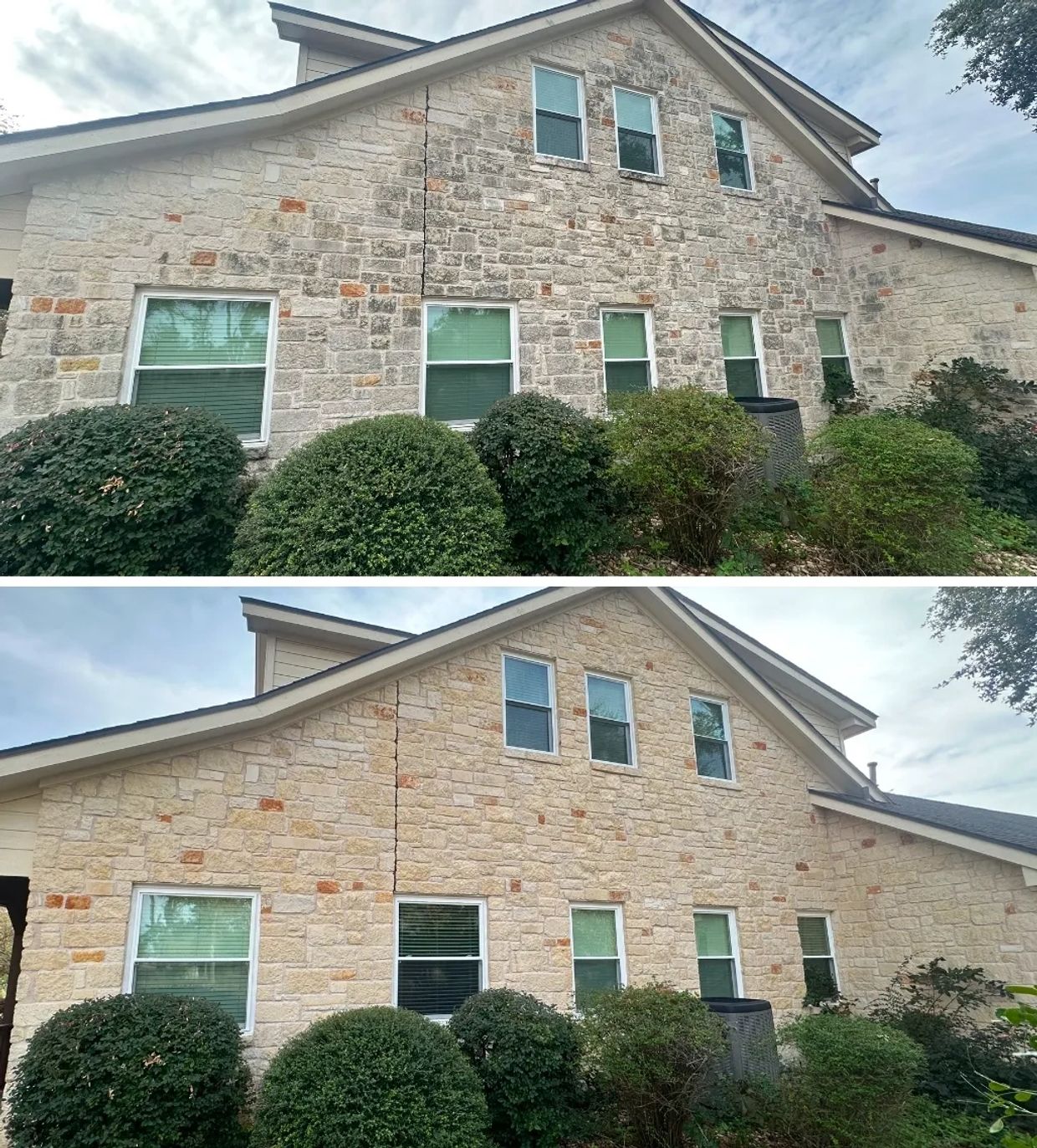 Before and After picture of a dirty house being cleaned with soft washing.