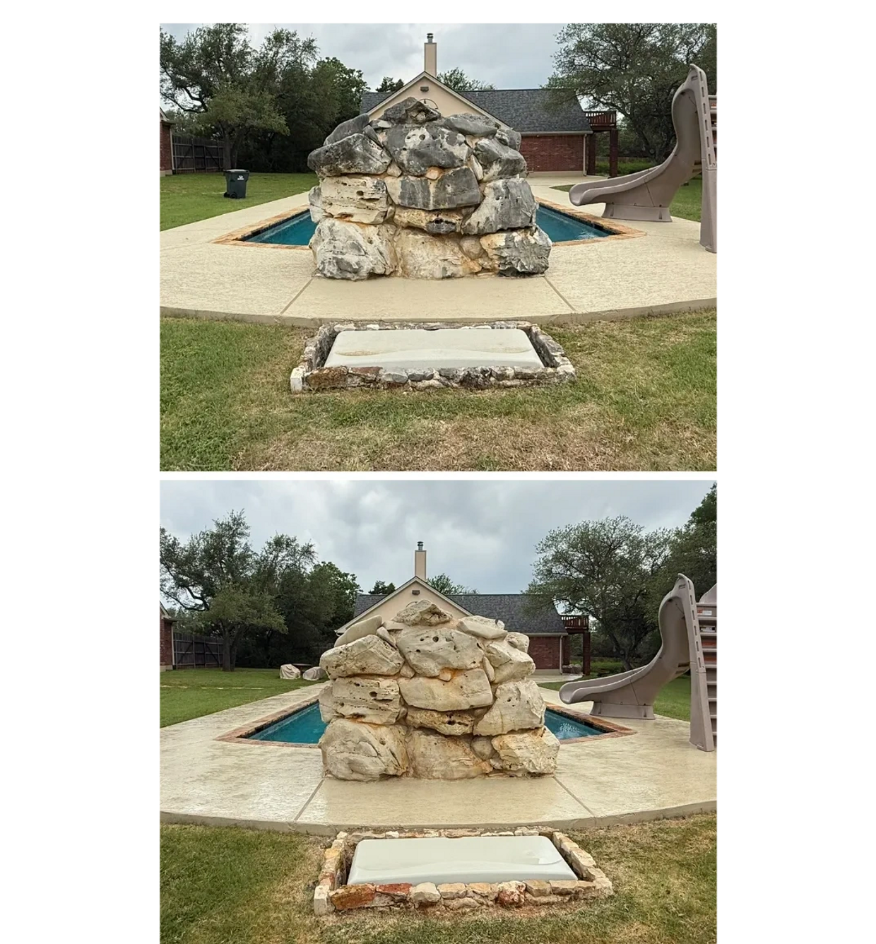 Soft washing of stone to make it look new again.