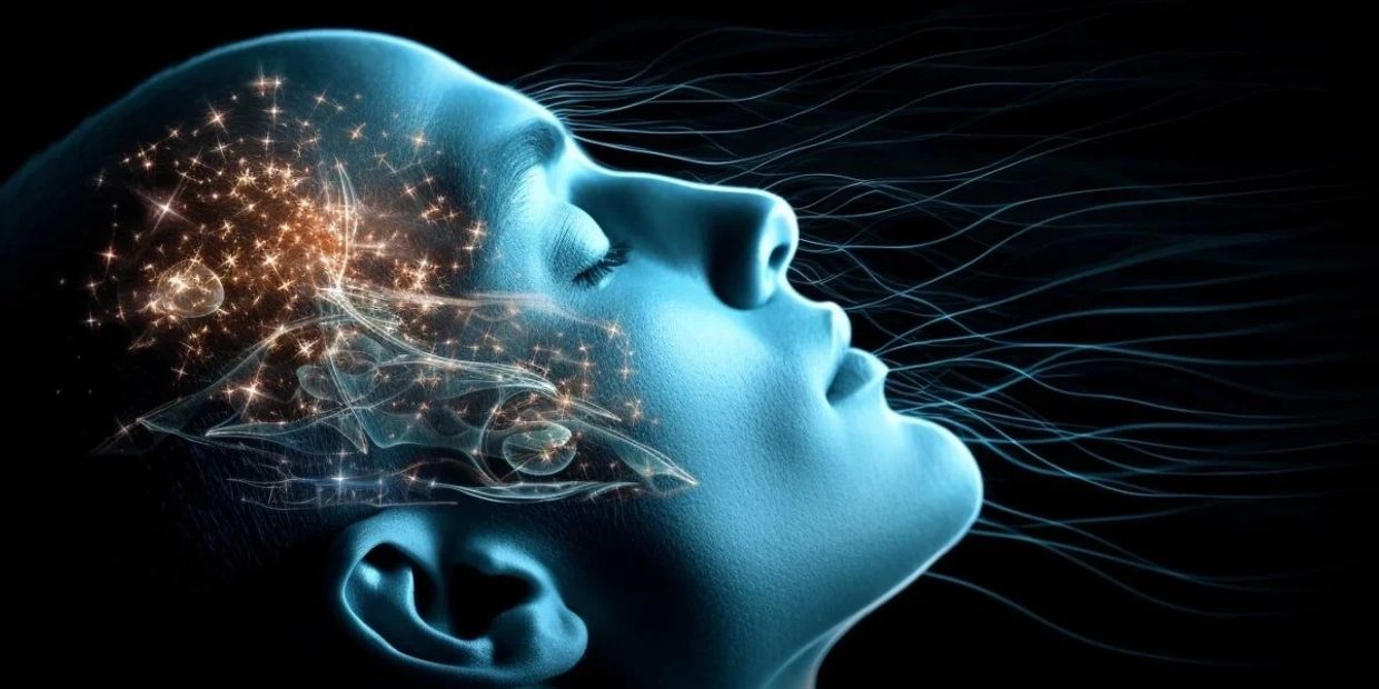 Blue human head with glowing neural connections and energy flow.
