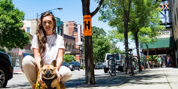 Dog Walker posing with a french bulldog during a dog walk in a Chicago neighborhood. 