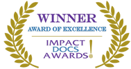 Golden laurel wreath with Impact Docs Awards winner text.