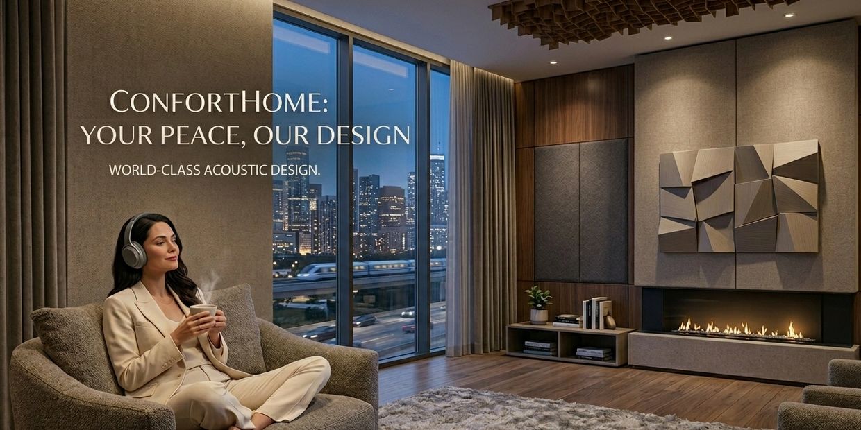Woman enjoying peace with headphones in a modern, cozy living room with city view.