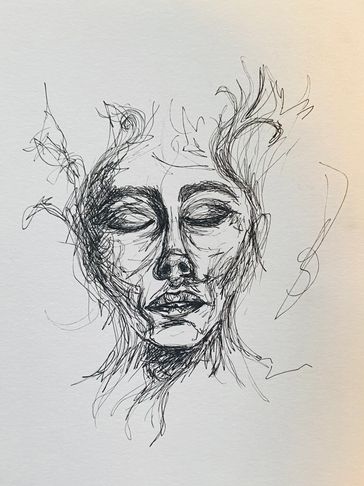 Abstract ink sketch of a serene human face with closed eyes.